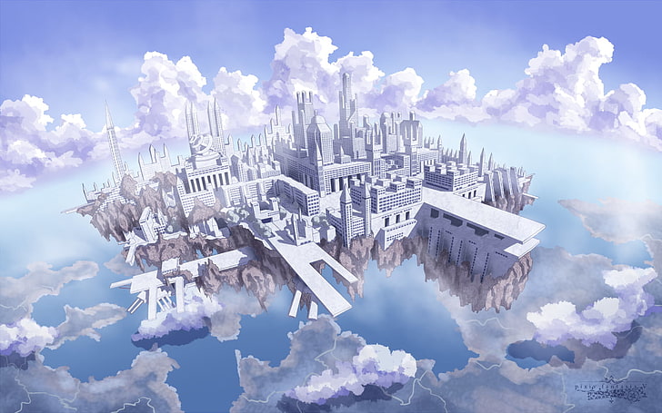 flouting city digital wallpaper, Pixiv Fantasia, building, sky, clouds, floating island, HD wallpaper