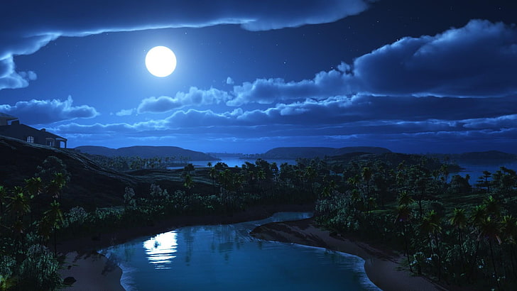 naturaleza, cielo, luz de la luna, reflexión, luna llena, cielo nocturno, noche, agua, iluminado por la luna, arte fantasía, paisaje, horizonte, paisaje de fantasía, río, Fondo de pantalla HD