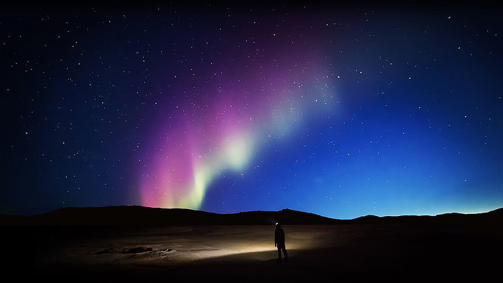 пурпурное северное сияние во время золотого часа, полярные сияния, звезды, природа, разноцветные, галактика, HD обои