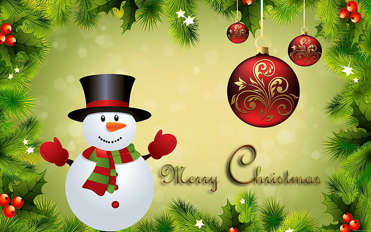 Christmas snowman, merry christmas illustration, christmas, snowman, balls, holidays, winter, HD wallpaper