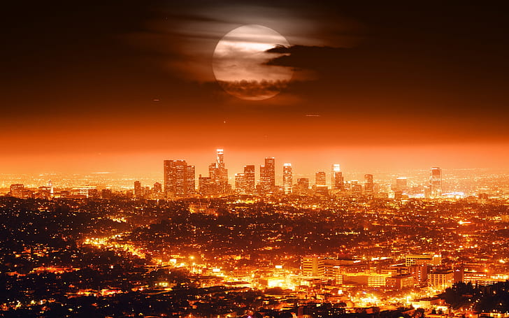 Полная луна, США, Лос-Анджелес, ночь, город, огни, городские пейзажи, красный стиль, иллюстрация городского пейзажа, Полная, Луна, США, Лос-Анджелес, ночь, город, огни, городские пейзажи, красный, стиль, HD обои