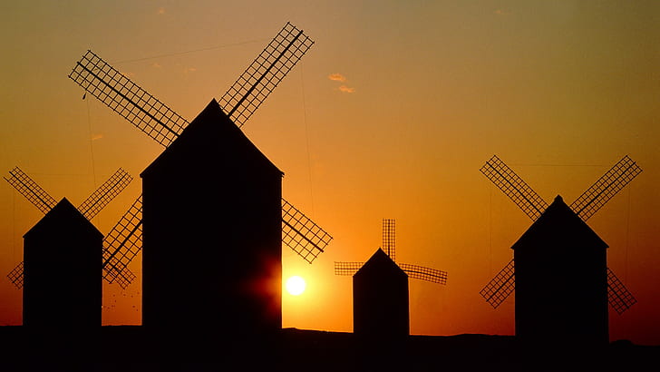 spain, sunset, windmills, HD wallpaper