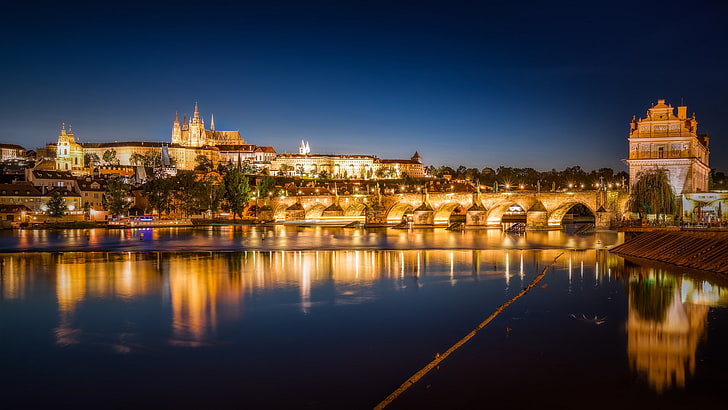 bridge, reflection, river, Prague, Czech Republic, night city, Charles Bridge, Vltava River, The Vltava River, HD wallpaper