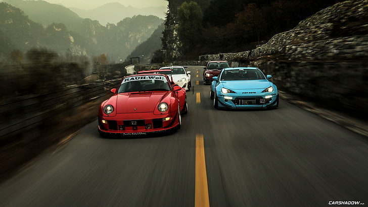 blue and red cars, Rocket Bunny, Stance, Porsche, car, Subaru BRZ, racing, Rauh Welt, RWB, HD wallpaper