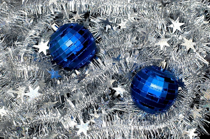 Holiday, Christmas, Bauble, Blue, Decoration, Silver, Stars, HD wallpaper