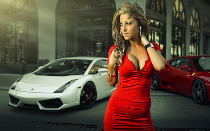 Lamborghini, loira, vestido vermelho, mulheres, carro, decote, vestido, modelo, HD papel de parede