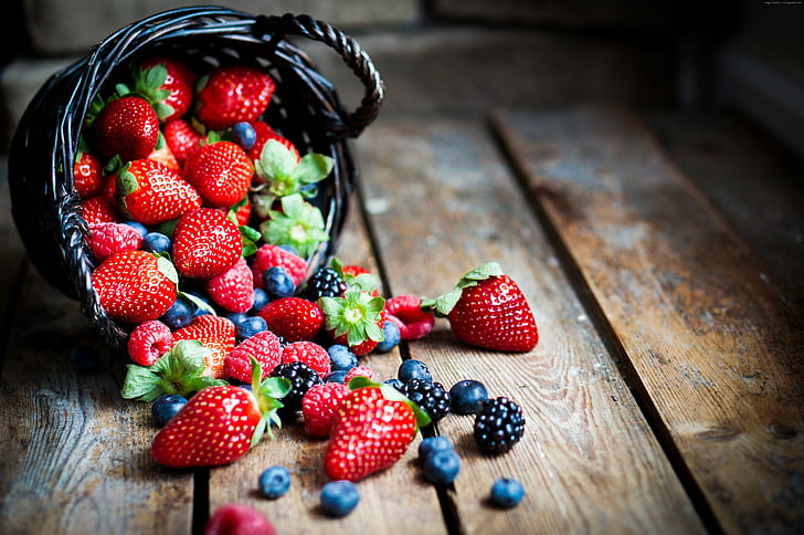 еда, ягоды, ежевика, клубника, лето, малина, фрукты, корзина., HD обои