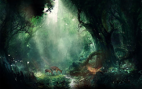 ciervos en medio del bosque, selva, fantasía, ciervos, mariposas, noche, árboles, Fondo de pantalla HD HD wallpaper