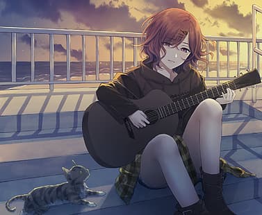  anime, anime girls, cats, guitar, ae iueo, HD wallpaper HD wallpaper