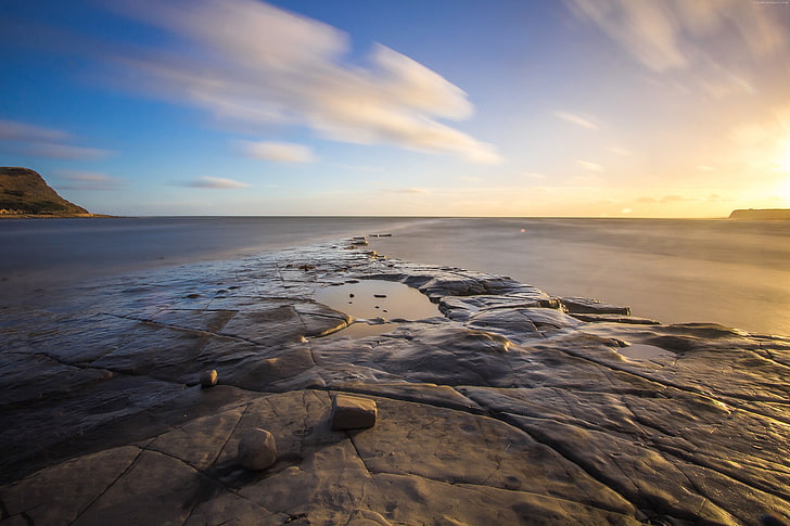 teluk, Dorset, Inggris, 5K, laut, matahari terbenam, Wallpaper HD