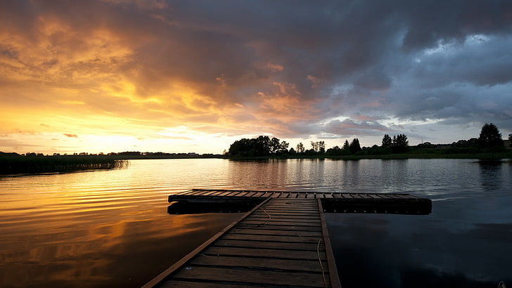 ゴールデンアワー、自然、HDR、日没、湖、風景の中にドックの写真、 HDデスクトップの壁紙
