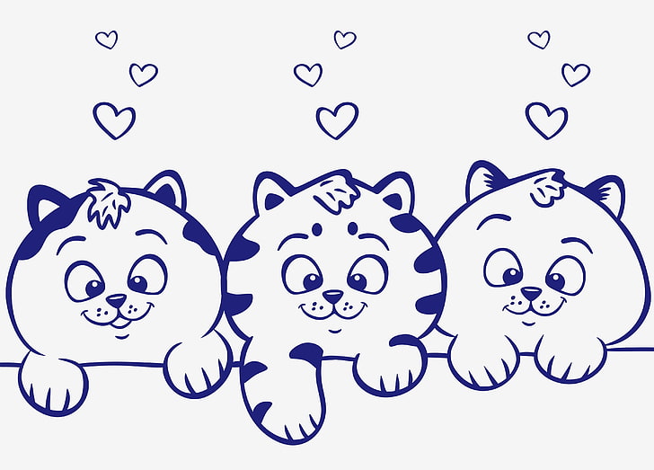 tiga ilustrasi menggambar kucing, hewan, lihat, vektor, anak kucing, hati, Wallpaper HD