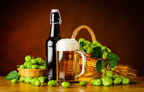 Schaum, Korb, Flasche, Bier, Becher, Hopfen, HD-Hintergrundbild HD wallpaper