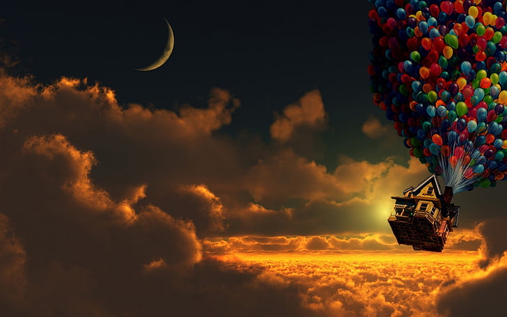 Dreamworks Up цифровые обои, Up (фильм), закат, воздушный шар, дом, луна, полумесяц, облака, HD обои