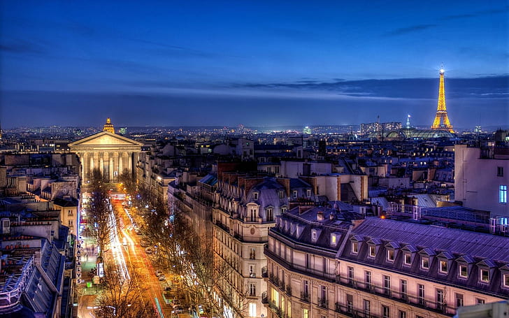 Нощен изглед на Париж Франция, светлини, град, улици, нощ, кула, природа и пейзажи, HD тапет