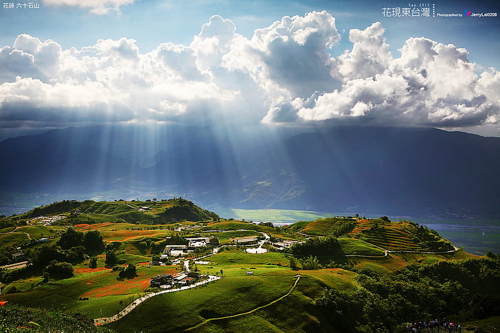 areal photography of town with cumulus nimbus clouds and god rays, taiwan, taiwan, 花蓮, Mountain, Hualien county, Taiwan, areal, photography, town, cumulus, nimbus, clouds, god, rays, 宜蘭, 台東, nature, landscape, scenics, outdoors, summer, hill, sky, rural Scene, sunset, agriculture, cloud - Sky, beauty In Nature, HD wallpaper