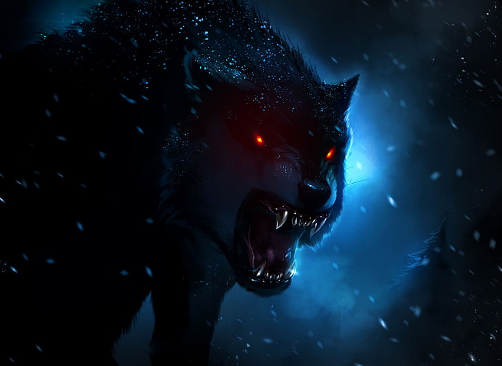 gray wolf digital wallpaper, night, darkness, wolf, art, evil, hunter, HD wallpaper