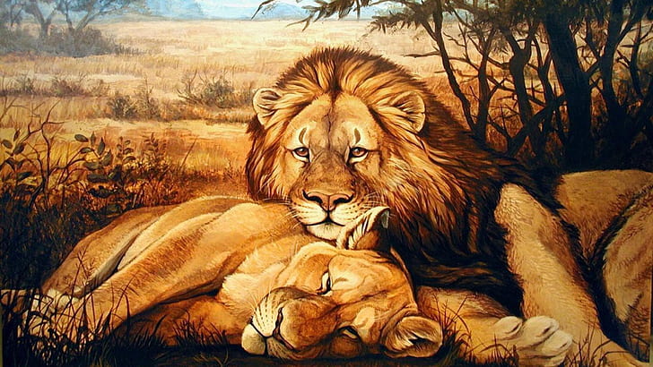 Cats, Lion, Artistic, Couple, Love, Painting, HD wallpaper