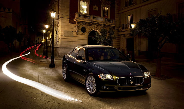 Maserati, Maserati Quattroporte, Black Car, Car, Luxury Car, Night, Time-Lapse, Vehicle, HD wallpaper