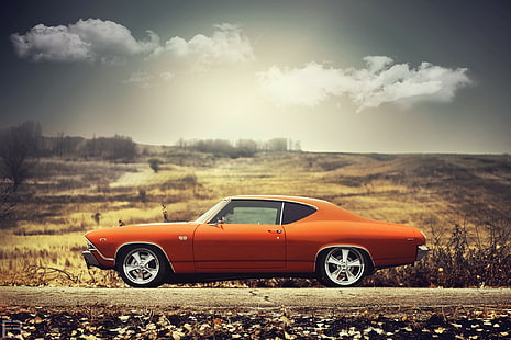 Chevrolet, Chevelle, SS, 1969, Chevrolet, chevelle, SS, 1969, arancione, Sideview, sole, nuvole, Sfondo HD HD wallpaper