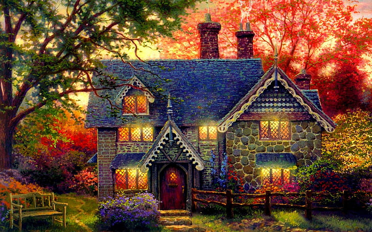 Gingerbread Cottage, luz en las ventanas, fiesta, banco, casita de piedra, casita de jengibre, thomas kinkade, casita, Fondo de pantalla HD