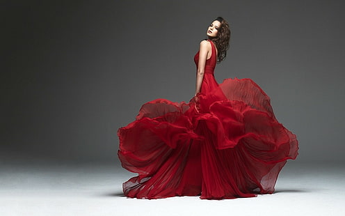модель, женщины, красное платье, брюнетка, макияж, лицо, HD обои HD wallpaper
