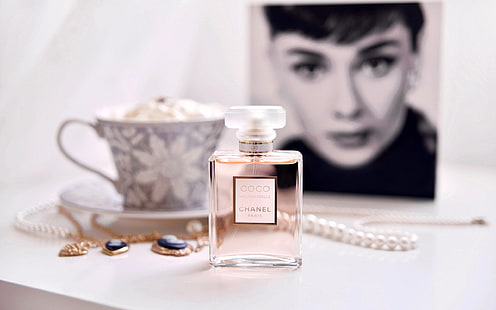 Chanel Coco Mademoiselle-Brand Desktop Wallpaper, frasco de perfume de vidro transparente, HD papel de parede HD wallpaper