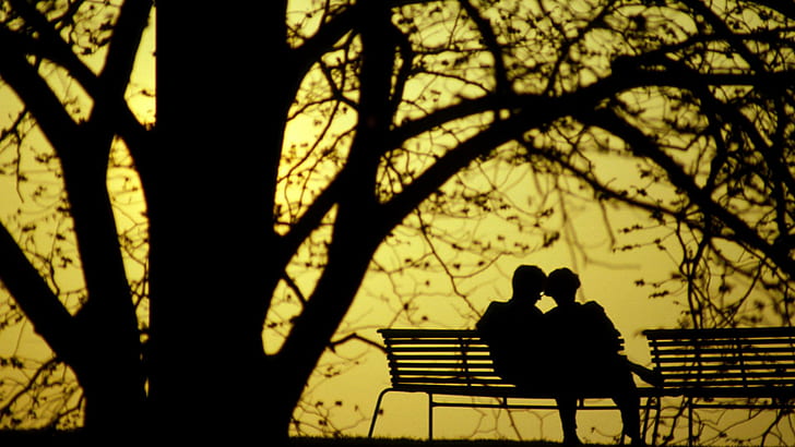 Twilight In The Park, trees, twilight, romantic, park, silhouette, bench seats, couple, 3d and abstract, HD wallpaper