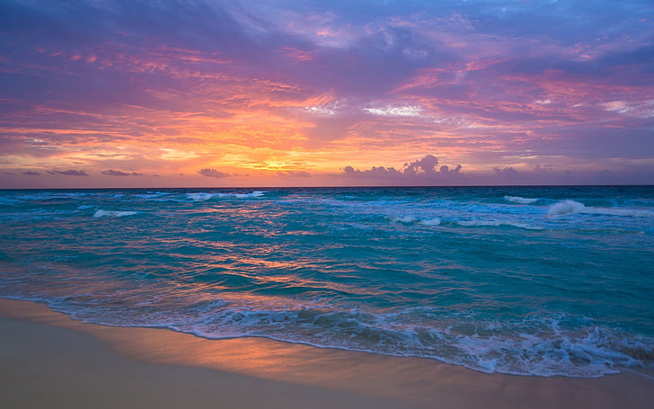 sea under orange sky, beach, sunset, sea, sky, horizon, HD wallpaper