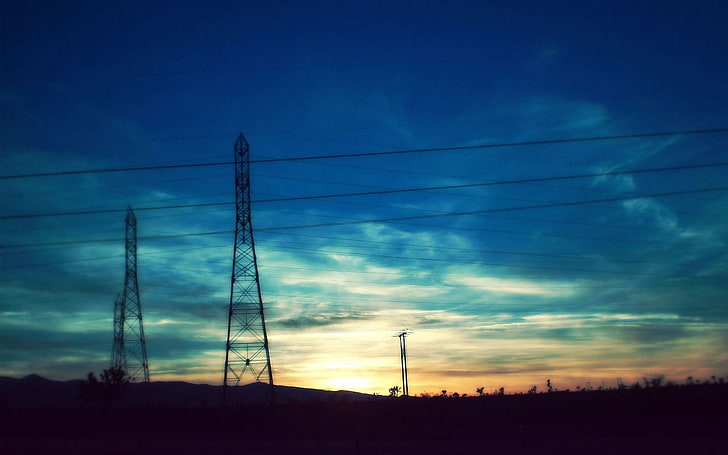 black electric tower, wire, sky, sunset, HD wallpaper