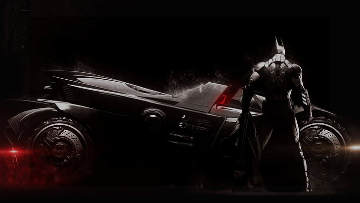 черный автомобиль и цифровые обои робота, Плащ, Броня, Брюс Уэйн, Темный Рыцарь, Бэтмобиль, Оборудование, Warner Bros. Interactive Entertainment, Rocksteady Studios, Бэтмен: Arkham Knight, Бэтмен: Arkham, HD обои