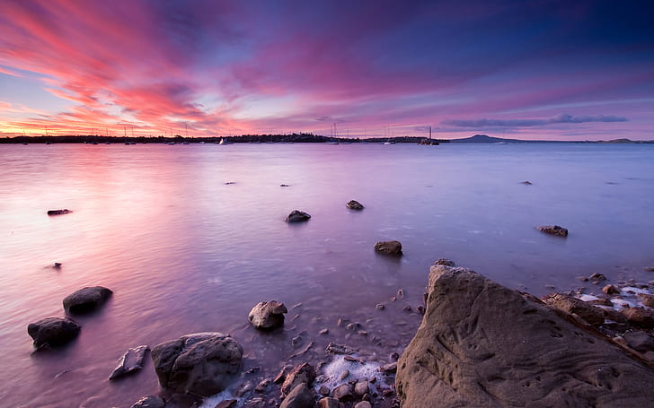 tramonto, Nuova Zelanda, Auckland, Moon Bay, metà, Sfondo HD
