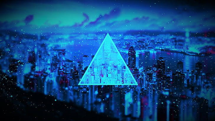 Cityscape, partikel, hitam, biru, segitiga, gelap, laut, Wallpaper HD