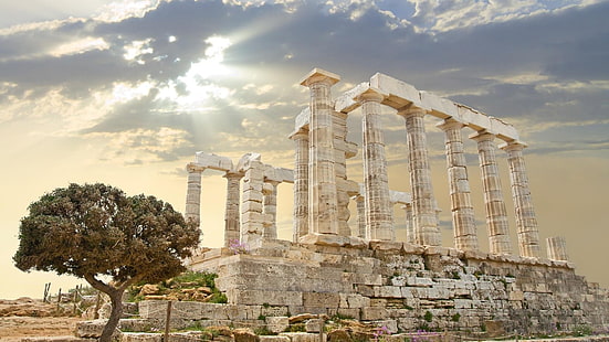 Партенон. Гърция, храм на Посейдон, храм на Зевс, древен, Атина, руина, стълб, камък, слънчеви лъчи, HD тапет HD wallpaper