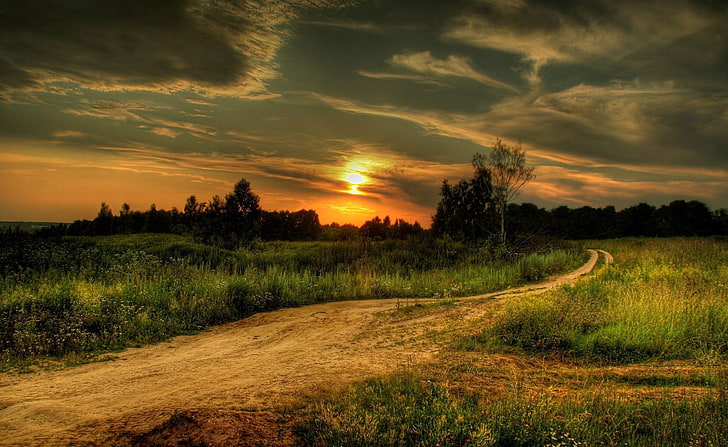 Strada campestre al tramonto, carta da parati paesaggio, natura, paesaggio, tramonto, strada, paese, Sfondo HD