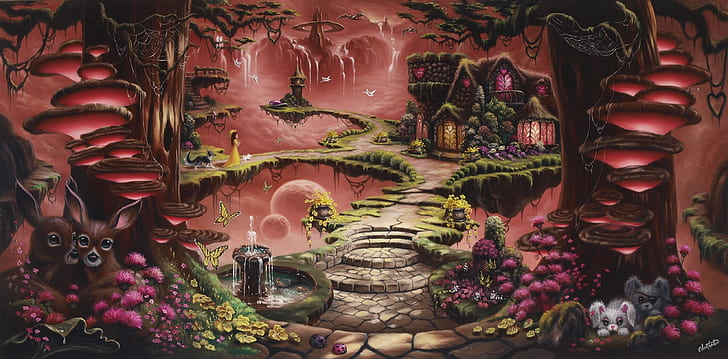 Fantasy, Landscape, Artistic, Deer, Flower, House, Little Girl, Mushroom, Road, Tree, HD wallpaper