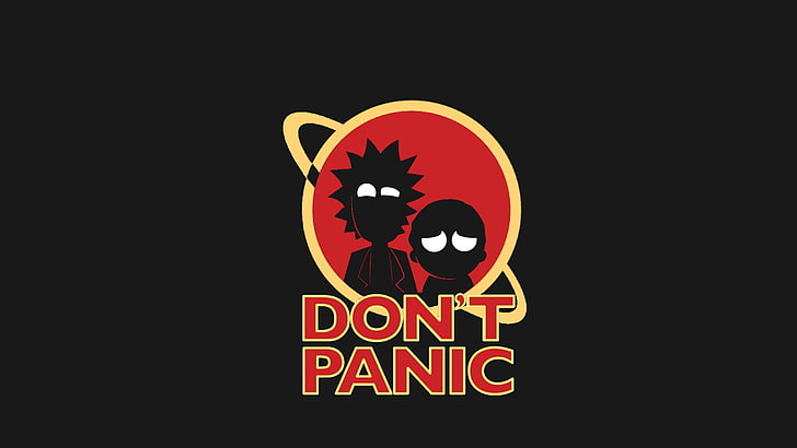 Wallpaper digital Rick dan Morty Don't Panic, ilustrasi Don't Panic, Rick and Morty, kartun, Don't Panic, Rick Sanchez, Morty Smith, The Hitchhiker's Guide to the Galaxy, Wallpaper HD