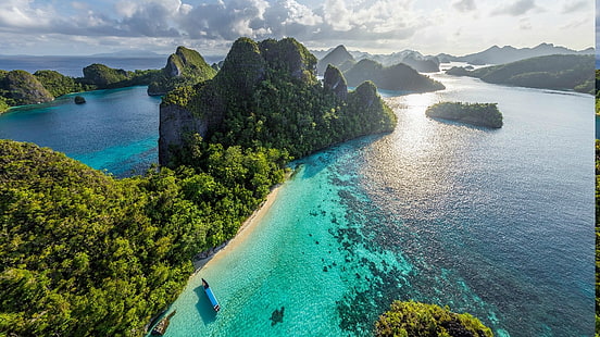 Aerial View, beach, clouds, forest, Indonesia, island, landscape, Limestone, nature, rock, sea, tropical, water, HD wallpaper HD wallpaper