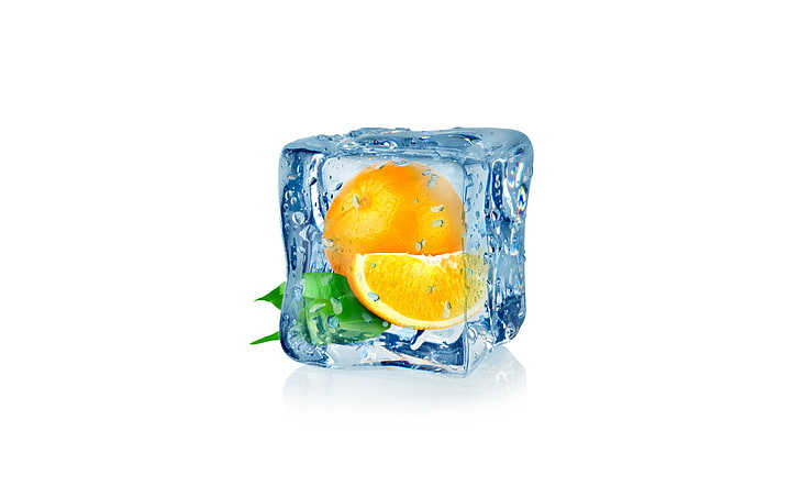 wystrój kostki lodu pomarańczowego owocu, minimalizm, białe tło, owoce, grafika cyfrowa, kostki lodu, pomarańcza (owoc), liście, krople wody, Tapety HD
