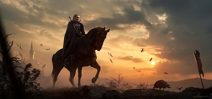 digital art, artwork, video games, The Witcher, Geralt of Rivia, The Witcher 3: Wild Hunt, horse, Henry Cavill, Roach, HD wallpaper
