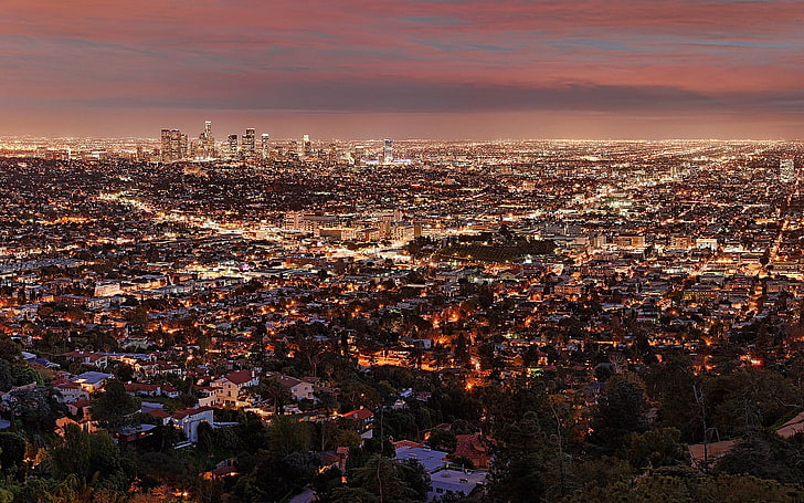 photographie aérienne de la ville pendant l'heure d'or, los angeles, nuit, vue d'en haut, ville, Fond d'écran HD