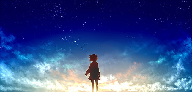 kyoukai no kanata, 구리야마 미라이, 하늘, 뒷모습, 별, 애니메이션, HD 배경 화면 HD wallpaper