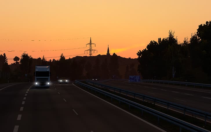 sunset, ETS2, highway, transport, Europe, video games, HD wallpaper