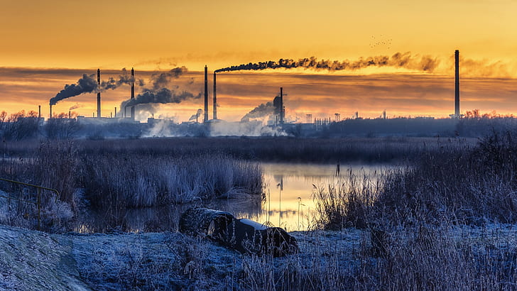 factories, winter, landscape, factory tubes, sunrise, smoke, reeds, HD wallpaper