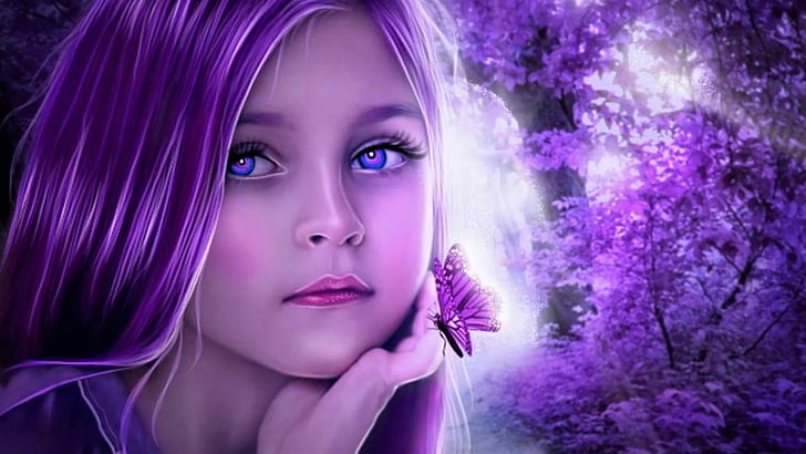 Художественный, девушка, голубые глаза, бабочка, ребенок, лицо, маленькая девочка, фиолетовый, фиолетовые волосы, HD обои