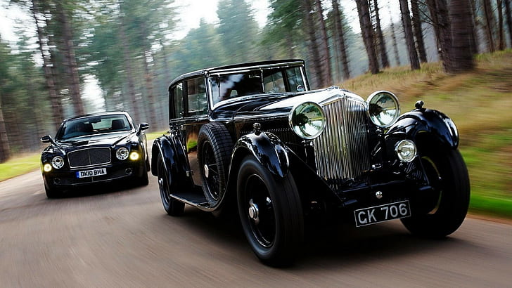 vehicle, car, old car, classic car, Bentley, Bentley Mulsanne, road, trees, forest, motion blur, HD wallpaper