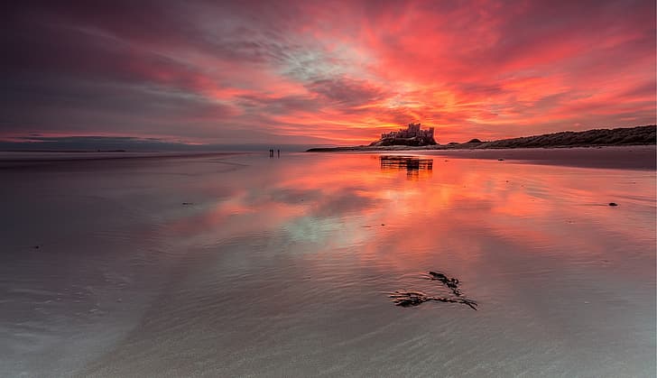 laut, matahari terbenam, pantai, Kastil Bamburgh, Wallpaper HD