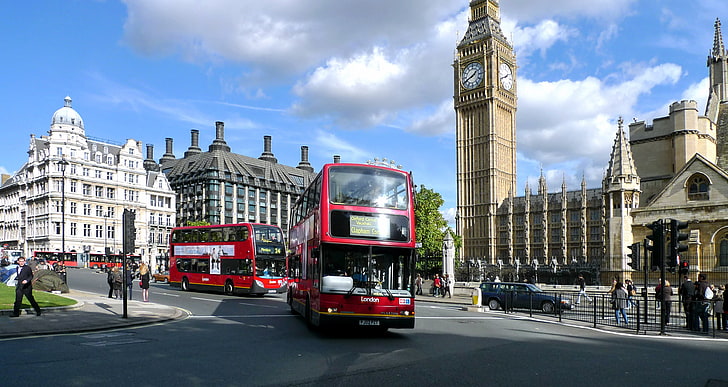 Westminster Abbey, London, London, big ben, buses, HD wallpaper