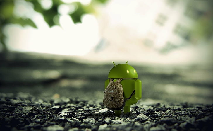 ภาพที่เลือกของ Android พร้อมกระเป๋าเป้ที่ยืนอยู่บนกรวด, วอลล์เปเปอร์ HD