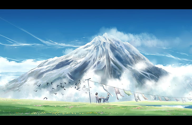 mountains, anime, HD wallpaper